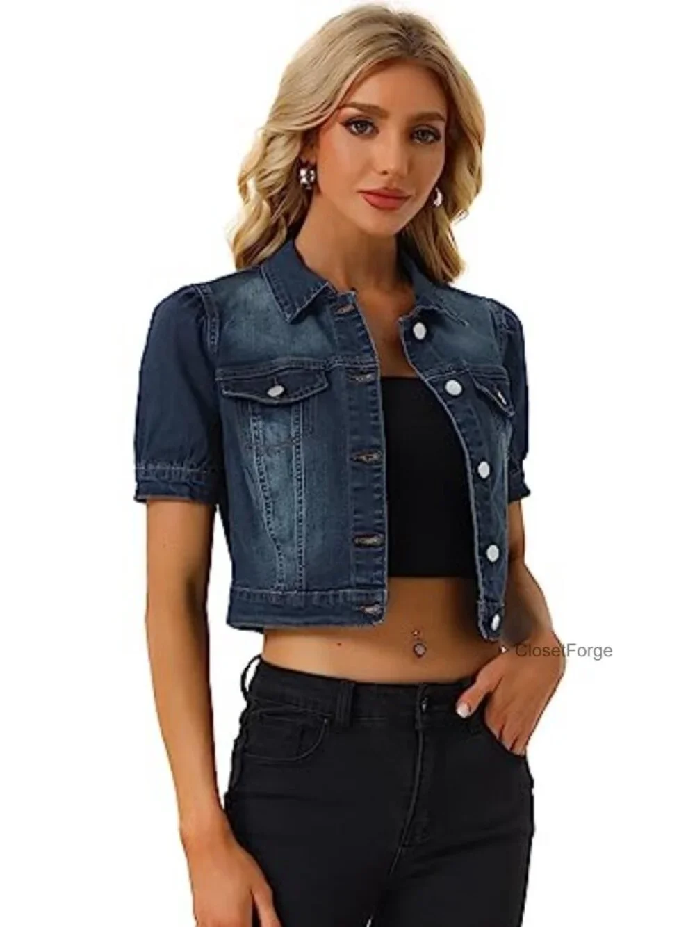 Women's Denim Cropped Puff Sleeve Button-Down Western Jean Jacket